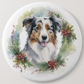 Australische Herder Kerstkrans Feestelijke Pup Ronde Button 6,0 Cm (Voorkant)