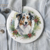 Australische Herder Kerstkrans Feestelijke Pup Ronde Button 6,0 Cm (In situ)