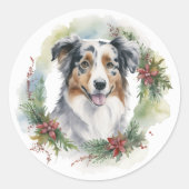 Australische Herder Kerstkrans Feestelijke Pup Ronde Sticker (Voorkant)