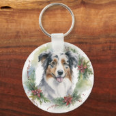 Australische Herder Kerstkrans Feestelijke Pup Sleutelhanger (Voorkant)