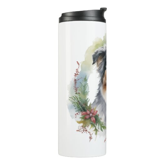 Australische Herder Kerstkrans Feestelijke Pup Thermosbeker (Gedraaid links)