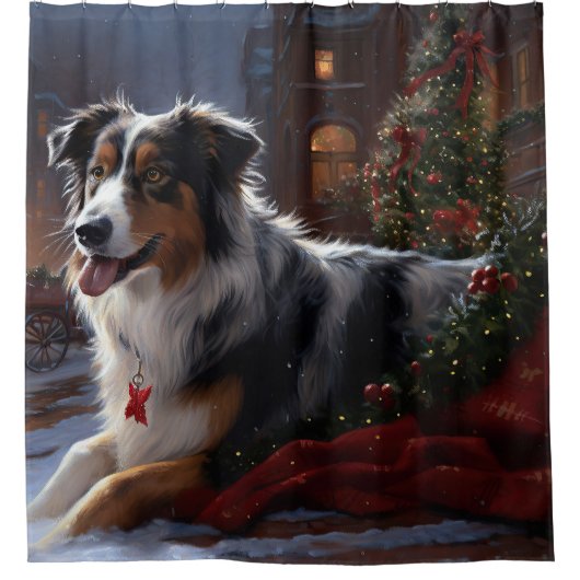 Australische herder Kerstmis Feestelijk Seizoen Douchegordijn (Voorkant)