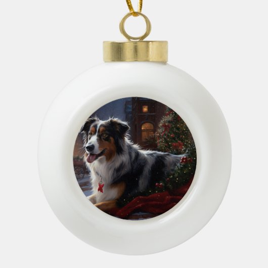 Australische herder Kerstmis Feestelijk Seizoen Keramische Bal Ornament (Voorkant)
