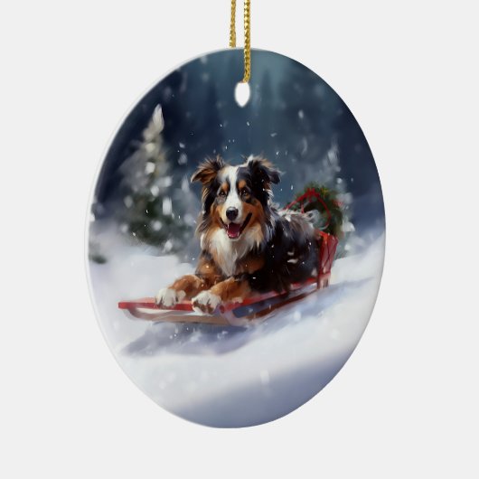 Australische Herder Kerstmis sneeuw winter Keramisch Ornament (Rechts)