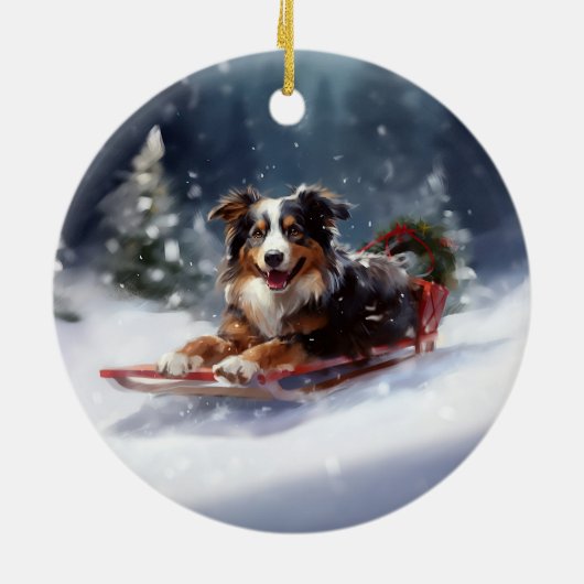 Australische Herder Kerstmis sneeuw winter Keramisch Ornament (Achterkant)