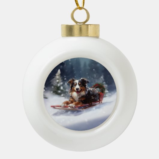 Australische Herder Kerstmis sneeuw winter Keramische Bal Ornament (Voorkant)