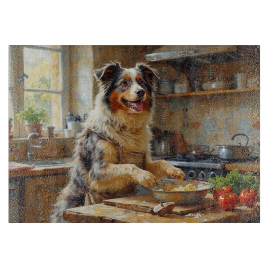 Australische Herder Kookt in Keuken Snijplank (Voorkant)