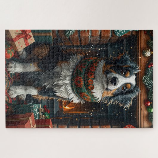 Australische herder met kerstcadeaus open haard legpuzzel (Horizontaal)
