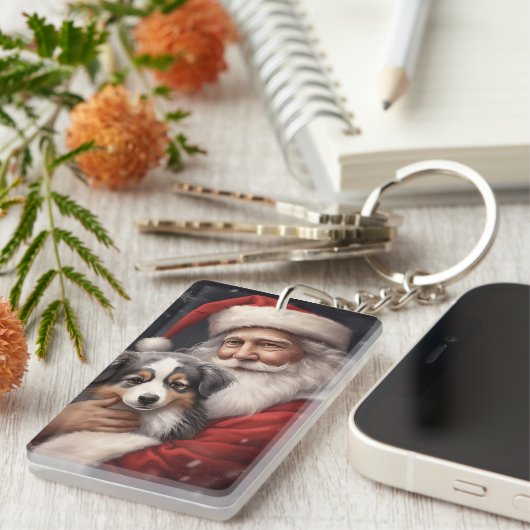 Australische Herder met Kerstman Kerstmis Sleutelhanger (Voorkant Rechts)
