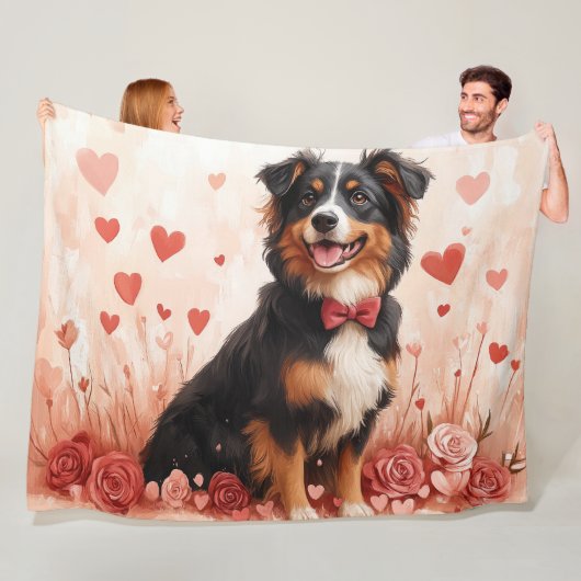 Australische Herder met Rozen - Valentijnsdag  Fleece Deken (In situ)