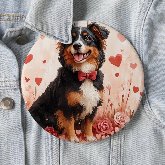 Australische Herder met Rozen - Valentijnsdag  Ronde Button 6,0 Cm (In situ)