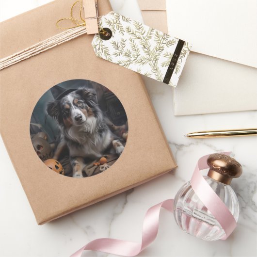 Australische herder pompoenen Halloween eng Ronde Sticker (Geschenken)