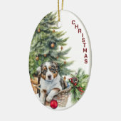 Australische herder pup rieten mand kerst keramisch ornament (Links)