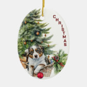 Australische herder pup rieten mand kerst keramisch ornament (Voorkant)
