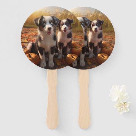 Australische Herder Puppy Autumn Delight Pumpkin Handwaaier (Voorkant en achterkant)