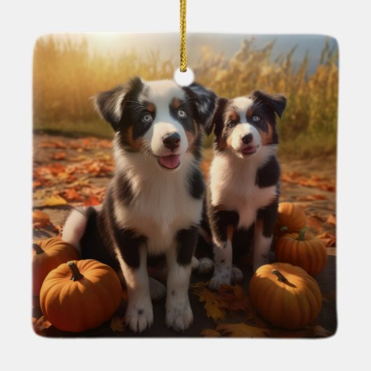 Australische Herder Puppy Herfst Delight Pompoen Keramisch Ornament (Achterkant)