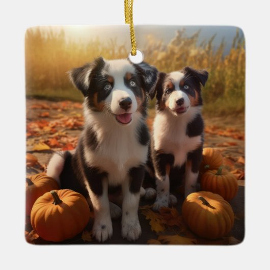 Australische Herder Puppy Herfst Delight Pompoen Keramisch Ornament (Voorkant)