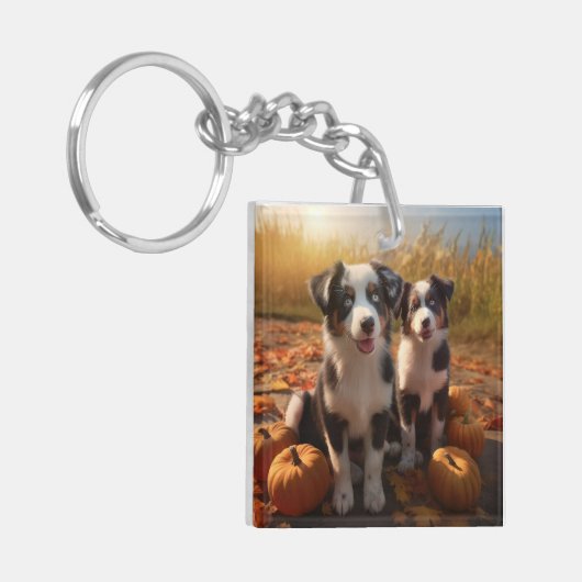 Australische Herder Puppy Herfst Delight Pompoen Sleutelhanger (Voorkant Links)
