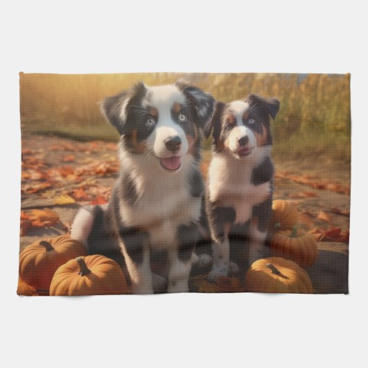 Australische Herder Puppy Herfst Delight Pompoen Theedoek (Horizontaal)
