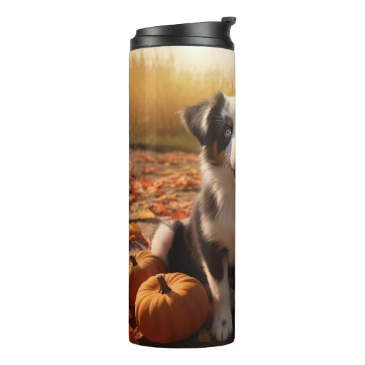 Australische Herder Puppy Herfst Delight Pompoen Thermosbeker (Gedraaid links)
