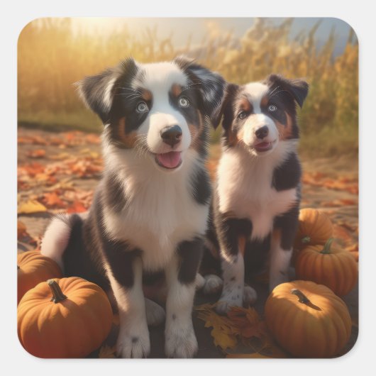 Australische Herder Puppy Herfst Delight Pompoen Vierkante Sticker (Voorkant)