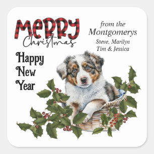 Australische Herder Puppy Holly Basket Kerstmis Vierkante Sticker