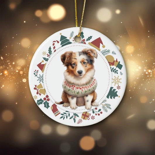 Australische Herder Puppy Winter Sweater Kerstmis Keramisch Ornament