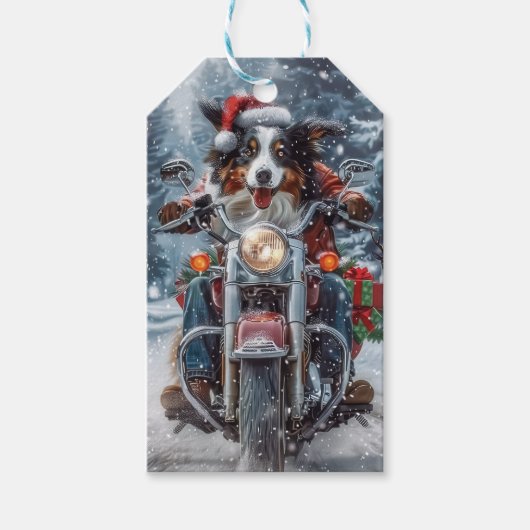 Australische herder rijden motorfiets kerst cadeaulabel (Voorkant)