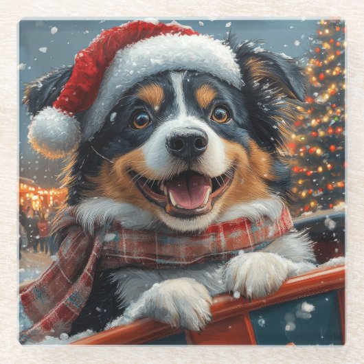 Australische Herder Roller Coaster Kerstmis Glazen Onderzetter (Voorkant)