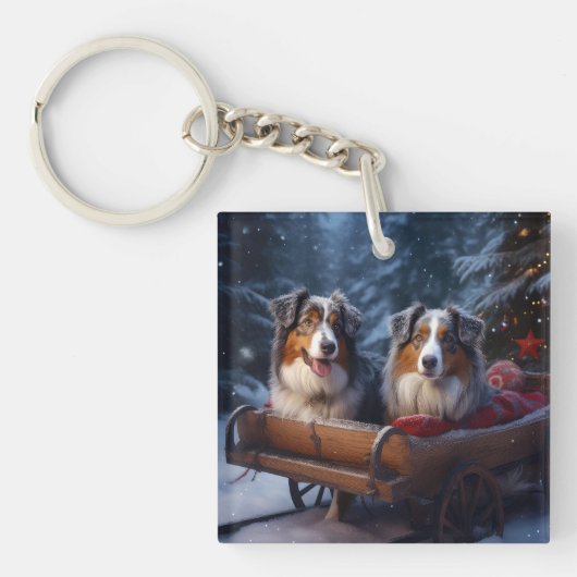 Australische Herder Sneeuwige slee Kerst Decoratie Sleutelhanger (Voorkant)