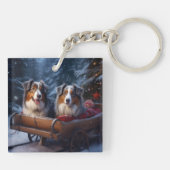 Australische Herder Sneeuwige slee Kerst Decoratie Sleutelhanger (Achterkant)