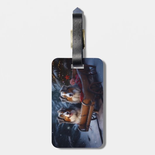 Australische herder sneeuwslee kerstdecor bagagelabel (Achterkant verticaal)