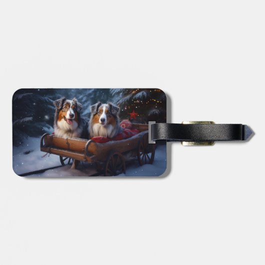 Australische herder sneeuwslee kerstdecor bagagelabel (Achterkant horizontaal)