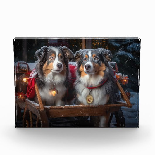 Australische herder sneeuwslee kerstdecor fotoblokken (Voorkant)