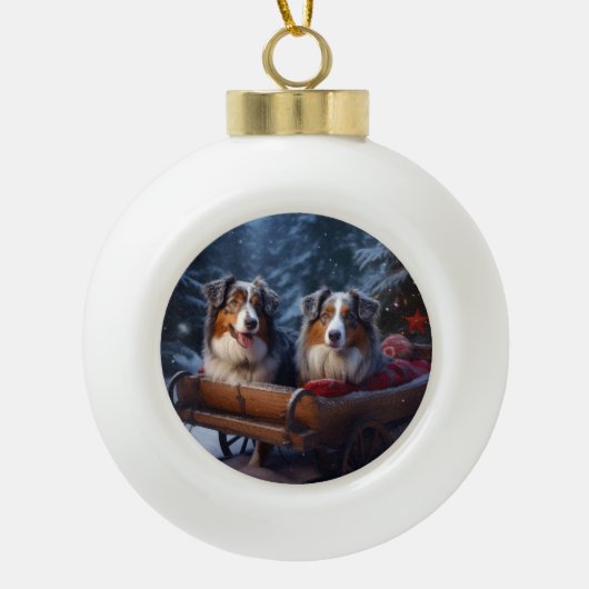 Australische herder sneeuwslee kerstdecor keramische bal ornament (Voorkant)