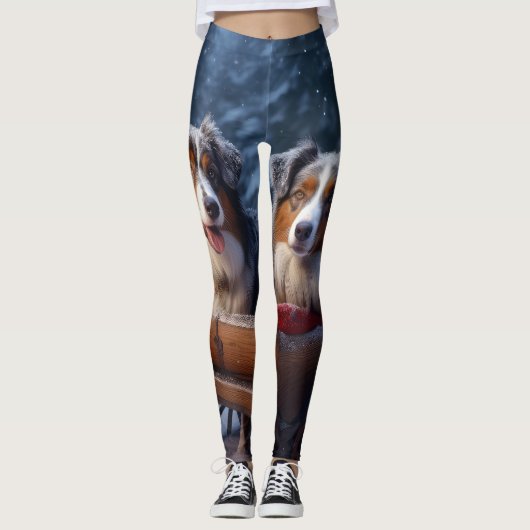 Australische herder sneeuwslee kerstdecor leggings (Voorkant)