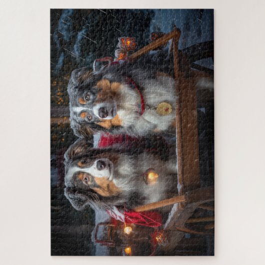Australische herder sneeuwslee kerstdecor legpuzzel (Verticaal)