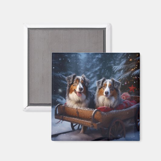 Australische herder sneeuwslee kerstdecor magneet (Voorkant / Achterkant)