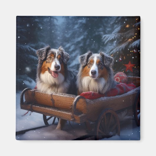 Australische herder sneeuwslee kerstdecor magneet (Voorkant)