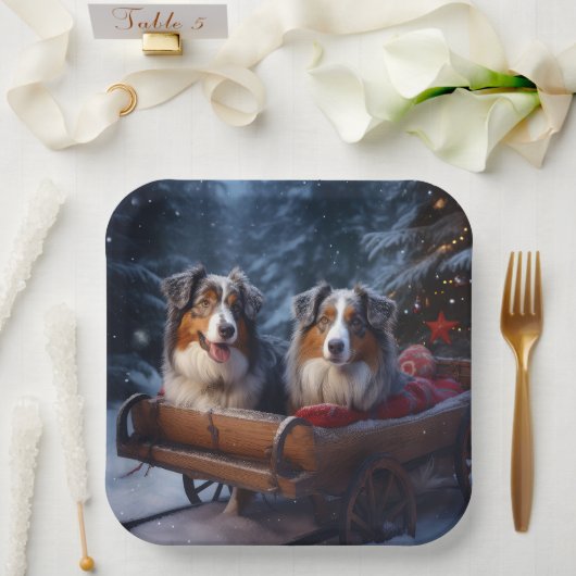 Australische herder sneeuwslee kerstdecor papieren bordje (Huwelijk)