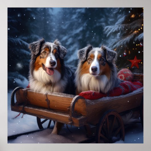 Australische herder sneeuwslee kerstdecor poster (Voorkant)