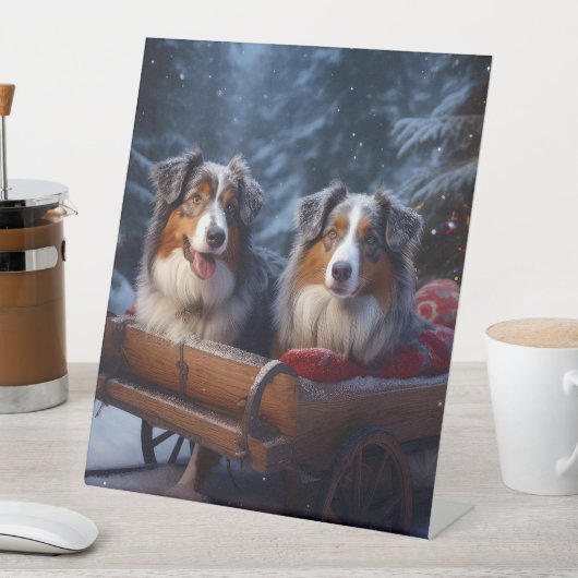 Australische herder sneeuwslee kerstdecor reclamebord met voetstuk (Insitu)