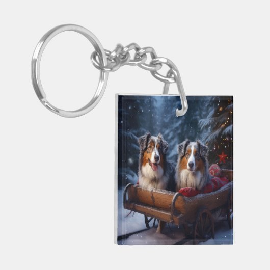 Australische herder sneeuwslee kerstdecor sleutelhanger (Voorkant Links)
