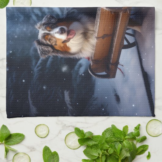 Australische herder sneeuwslee kerstdecor theedoek (Gevouwen)