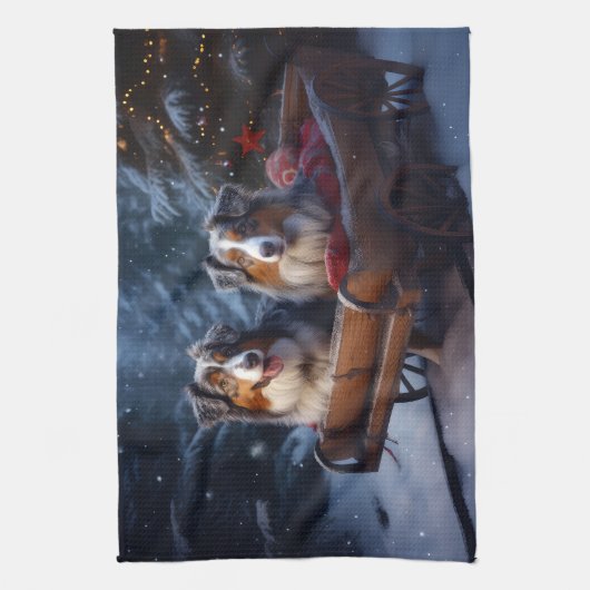 Australische herder sneeuwslee kerstdecor theedoek (Verticaal)