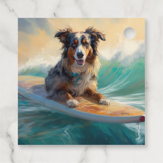 Australische herder strand surfen schilderij bedankjes labels (Achterkant)