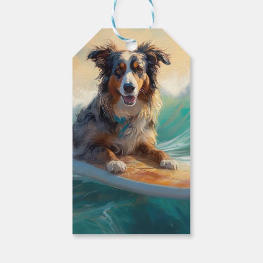Australische herder strand surfen schilderij cadeaulabel (Achterkant)