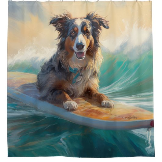 Australische herder strand surfen schilderij douchegordijn (Voorkant)