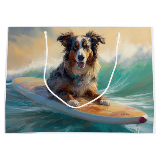 Australische herder strand surfen schilderij groot cadeauzakje (Voorkant)