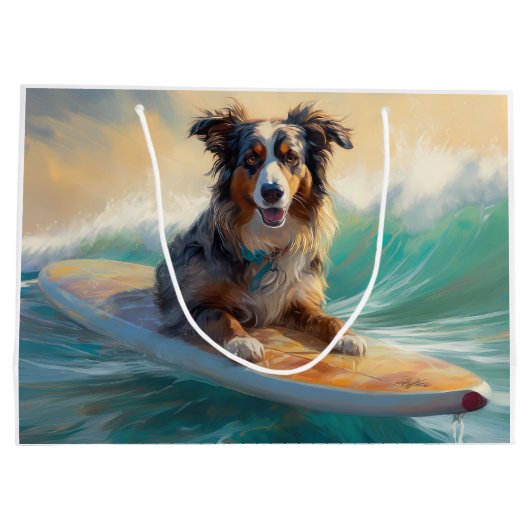Australische herder strand surfen schilderij groot cadeauzakje (Achterkant)